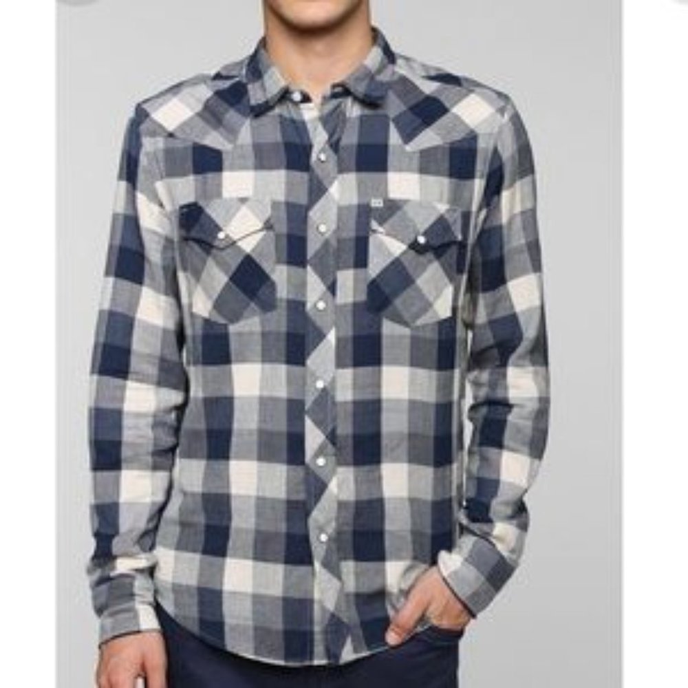 Salt Valley Western Blue Buffalo Plaid Flannel Shirt Large